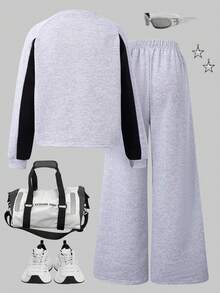 Teen Girls Grey Polyester Raglan Long Sleeve Round Neck Hoodie And Sweatpants Co-Ords With Letter Pattern And Side Stripe For Everyday Casual Style - Grey - View 2