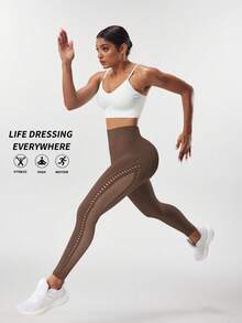 Gameset SHEIN Sport 女士高腰镂空网眼拼接运动瑜伽紧身裤 - 棕色 - 查看 3