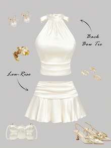 SHEIN MOD 女士杏色缎面蝴蝶结无袖上衣和迷你裙两件套 - 杏色 - 查看 2