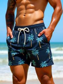 Manfinity Swimmode Men's Palm Tree Pattern Casual Elastic Waist Drawstring Beach Shorts - Navy Blue - View 6