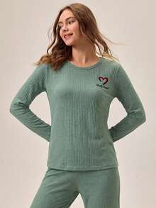 Loomlin 100%Cotton Letter Embroidery Ribbed Knit Lounge Set - Mint Green - View 5