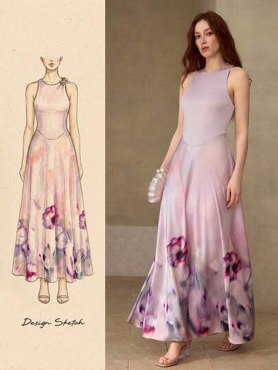 MOTF PREMIUM WOMEN'S SLEEVELESS FLORAL PRINTED METAL SHOULDER PATCHWORK FLARE HEM DRESS, AUTUMN/WINTER