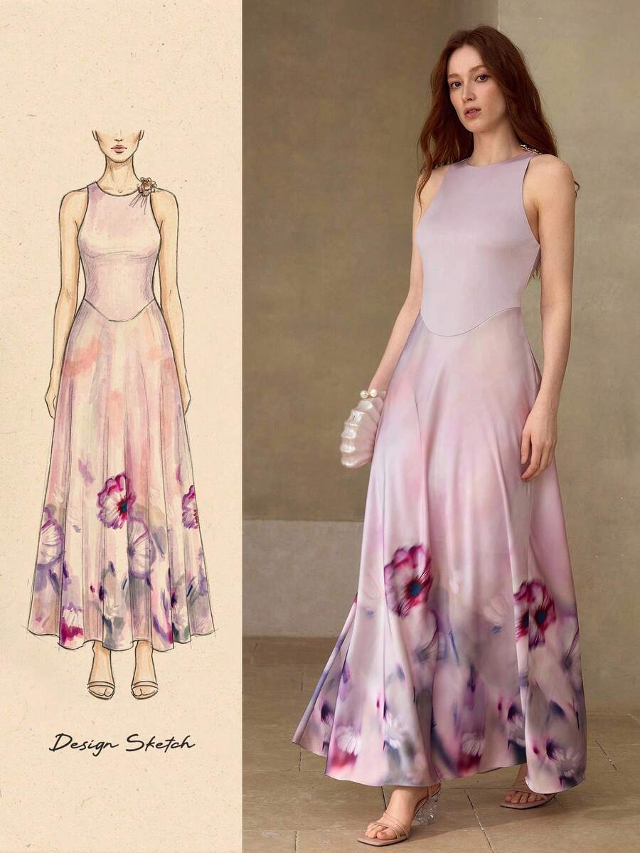 MOTF PREMIUM WOMEN'S SLEEVELESS FLORAL PRINTED METAL SHOULDER PATCHWORK FLARE HEM DRESS, AUTUMN/WINTER - Mauve Purple - View 1