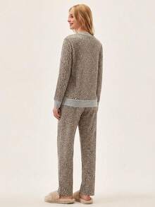 Women Cotton Leopard Print Round Neck Long Sleeve Top & Fake Drawstring Pants Ladies Pajama Set Leopard Pajamas Women Leopard Pj Set Animal Print Pajama Set Cheetah Print Pj Set Leopard Print Pajamas - Multicolor - View 2