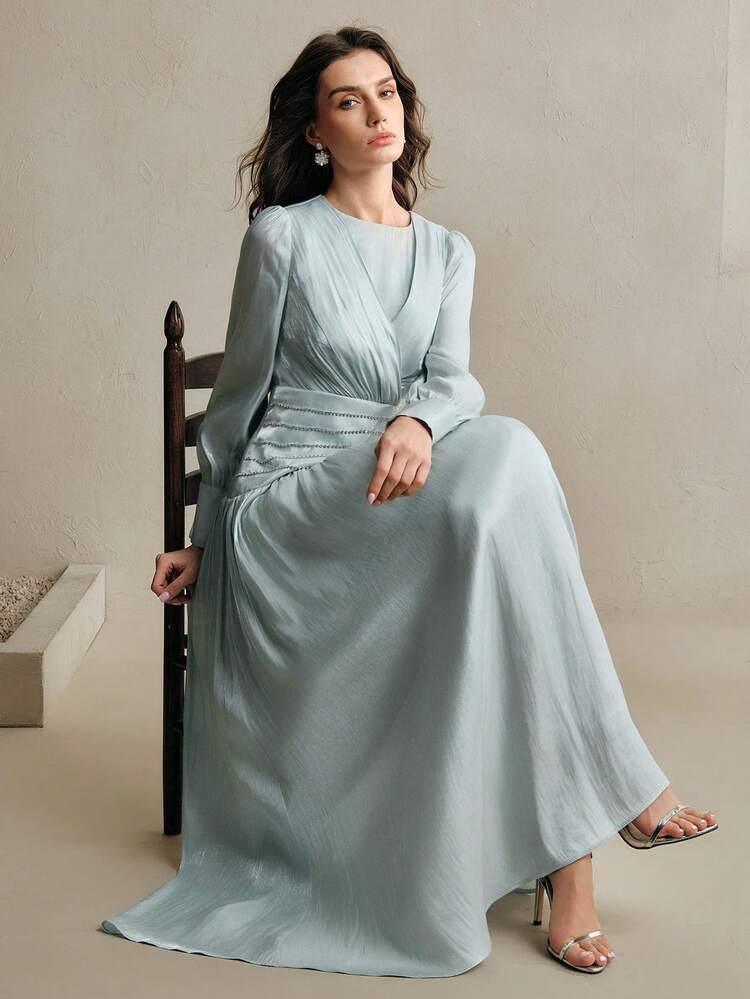 Women's New Arrival Long Sleeve Rhinestone Embellished Elegant Maxi A-Line Mint Green Dress, Spring/Summer, Suitable For Valentine's Day