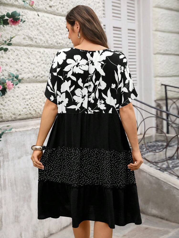 Plus Size Women Floral Print V-Neck Short Sleeve Patchwork Vacation Dress/Summer, Black And White Dress Plus Size Black And White Dress Summer Elegant Dress Black And White Dress Women