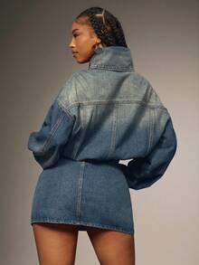 Denimoi High Neck Button Front Barrel Sleeve Gathered Waist Denim Jacket Fashion Cropped Denim Jacket - Medium Wash - View 6