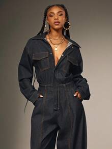 Denimoi Button Front Collared Long Sleeve Barrel Leg Denim Jumpsuit Barrel Jeans Long Sleeve Jumpsuit - Dark Wash - View 2