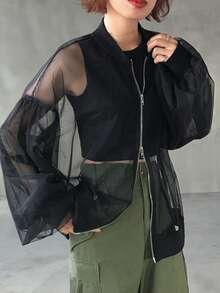 FRIFUL Chaqueta regular de manga larga de unicolor con cremallera y malla transparente para mujer, para el verano - Negro - Ver 3