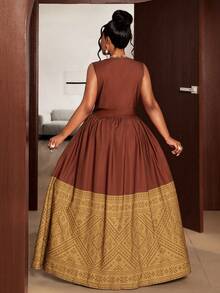 Maweii Plus Size V-Neck Geometric Pattern Ruffle Hem Sleeveless Dress - Brown - View 3