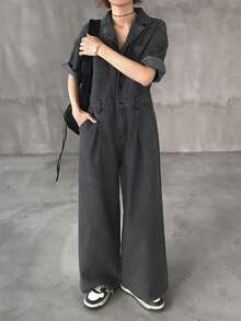 FRIFUL Women's Casual Everyday Commute Lapel Collar Slant Pocket Loose Wide Leg Denim Jumpsuit - Grey - View 1
