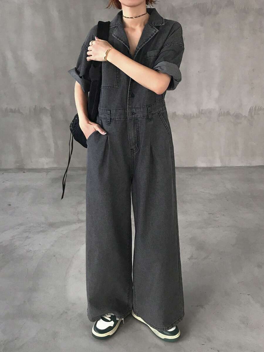 FRIFUL Women's Casual Everyday Commute Lapel Collar Slant Pocket Loose Wide Leg Denim Jumpsuit - Grey - View 1