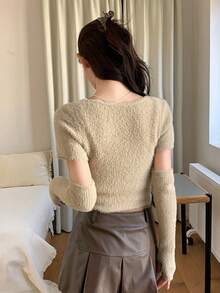 FRIFUL Women's Apricot Solid Color Inner Pocket Sleeveless Jacket, Long Sleeve Contrast Color Drawstring Bow Knit Sweater 2-Piece Set, Autumn - Beige - View 3