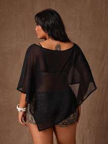 Rustia Áo khoác ngoài bằng vải chiffon màu đen trơn dành cho nữ cỡ lớn, kiểu dáng rộng rãi, thoải mái, xẻ tà, xuyên thấu, đa năng, áo sơ mi mùa hè thời trang. - màu đen - Xem 2