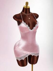 Amplova Women's Dusty Pink Contrast Lace Asymmetric Hem Bodycon Cami Mini Dress,Summer 70's Y2K Satin Velvet Lingerie,Club Night Party Disco Birthday Outfits - Pink - View 11
