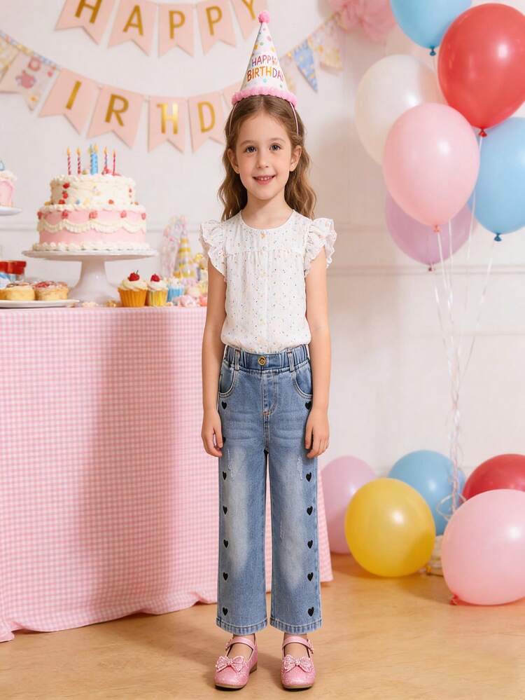 SHEIN Young Girls Jeans,Blue,Summer Medium Wash Street Style Y2K Irregular Elastic Waist Rhinestone Decor Loose Straight Leg Soft Cotton Denim Non-Stretch - Dark Wash - View 5
