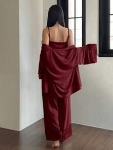 DAZY 3pcs Lace Patchwork Robe, Camisole & Pants Women Sleepwear Set - Burgundy - View 2