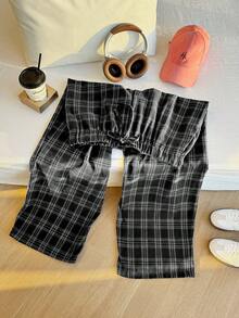 Comfortcana Quần ống rộng kẻ caro cỡ lớn có dây rút, kiểu dáng thường ngày. - Đen và trắng - Xem 4