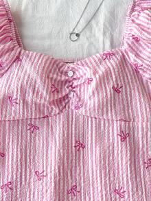 SHEIN Tween Girl Casual Minimalist Comfortable Plaid Bow Back Tie Shirt - Pink - View 3