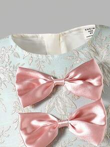 Girls' Summer Dress With Puff Sleeves, Jacquard Fabric, Bow Tie, A-Line Skirt, Fashion Elegant Dress, Suitable For Daily Wear, Afternoon Tea, Vacation, Photo Shoot, Ages 8-12 - Blue - View 5