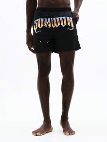 SUMWON Men's Board Shorts With Flame Gothic Text Graphics Summer Beach Swimming Trunks Elastic Waistband Side Pockets Vacation Swimwear - Black - View 1