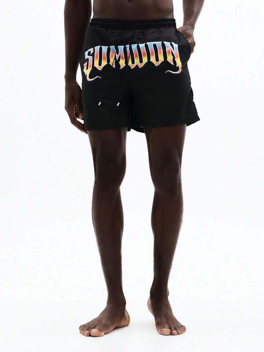 SUMWON Men's Board Shorts With Flame Gothic Text Graphics Summer Beach Swimming Trunks Elastic Waistband Side Pockets Vacation Swimwear - Black - View 1