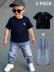 SHEIN Genkimix Kids 2件套男童时尚百搭白色针织面料刺绣装饰圆领短袖上衣搭配弹力腰水洗牛仔长裤套装，适合户外、度假、购物、派对、拍照等场合。 - 藏蓝色 - 查看 3