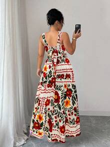 SHEIN Elenzya 大码女式印花方领收腰修身连衣裙，后背系带蝴蝶结，休闲时尚中长连衣裙，适合日常、通勤、海滩度假、春夏穿着。 - 彩色 - 查看 2