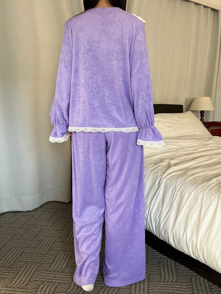 Women's Sleepwear Set With Contrasting Color Ruffled Collar, Made Of Terry Cloth Material