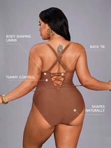 Shapewave Große Größen Eleganter einteiliger Badeanzug in Unifarbe für Damen - Kaffeebraun - Übersicht 2