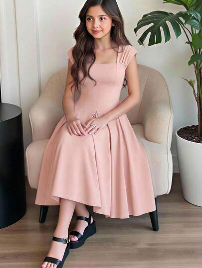 Tween Girl Elegant Sleeveless Wide Strap Waist Pleated Flare Dress, Christmas/New Year Party Dress, Girls Formal Dress