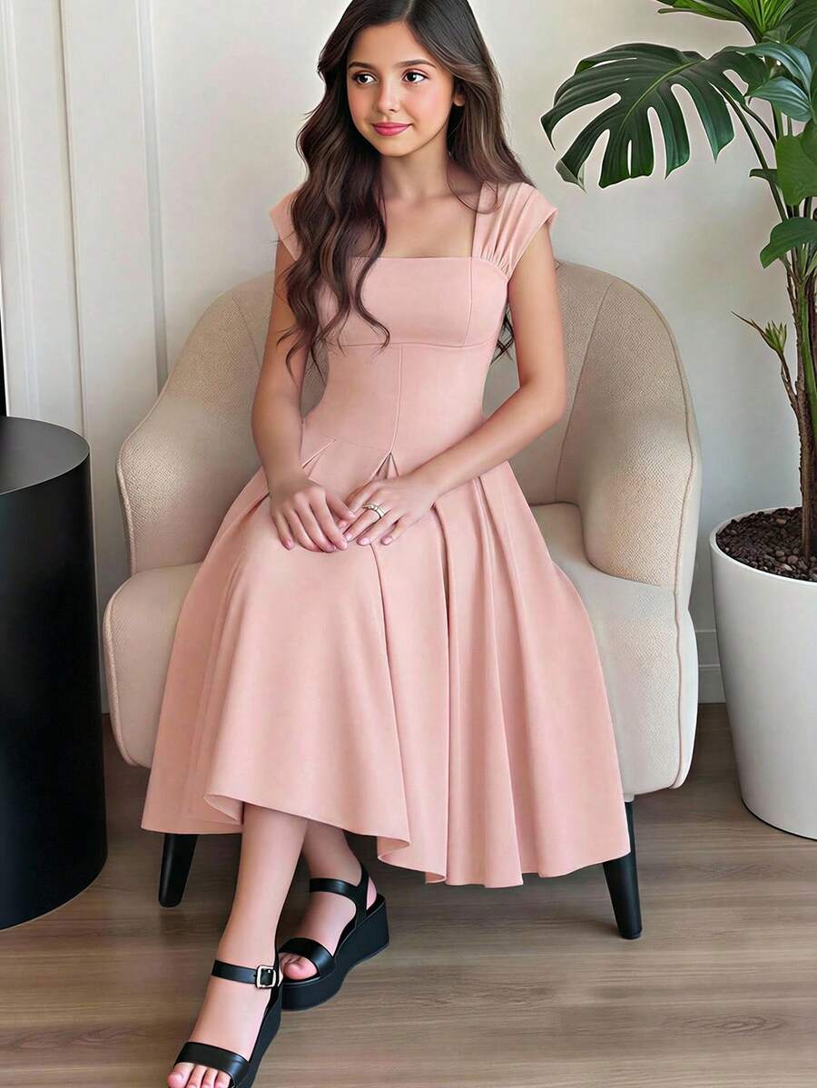 Tween Girl Elegant Sleeveless Wide Strap Waist Pleated Flare Dress, Christmas/New Year Party Dress, Girls Formal Dress - Pink - View 1