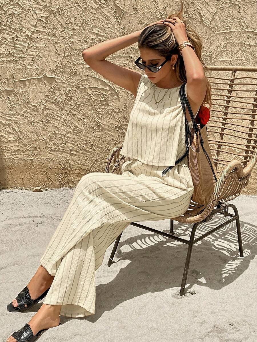SHEIN Frenchy Women's Casual Vacation Striped Print Sleeveless Top And Wide Leg Pants 2 Pieces Set, Suitable For Spring, Summer, Autumn - Beige - View 1