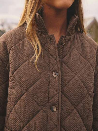 Aralina Women's Solid Color Front Button Plaid Casual Long Sleeve Padded Coat