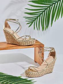 SHUZIA Women's Minimalist Platform Lace-Up Espadrilles Wadge Sandals - Gold - View 6