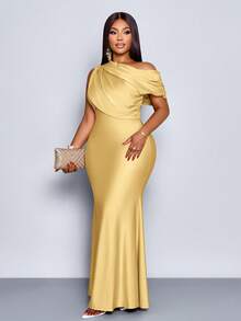 SOLERSUN 女士加大码婚礼派对优雅杏色针织亮面面料不对称露肩无袖拼接收腰修身鱼尾长裙，连衣裙，优雅女士连衣裙，派对礼服，正式礼服，白色连衣裙，奢华晚礼服，婚礼宾客礼服，米色连衣裙，圣诞节，夏季，2026，新年，中国，情人节，性感，度假 - 黃色 - 查看 5