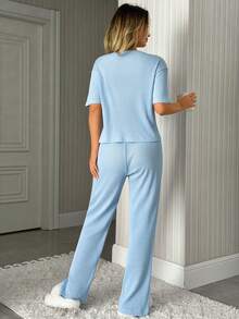 SHEIN Rib Knit With Cheery Embroidery Detail Homewear Comfort Lounge Set - Blue - View 2