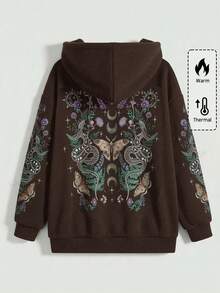 ROMWE Goth 哥特风 Y2K 旋花、蝴蝶、盘蛇、荆棘树图案加大码黑色拉链卫衣外套，秋冬女款加大码黑色卫衣外套，圣诞节假日休闲女款卫衣外套 - 棕色 - 查看 1