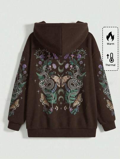ROMWE Gothic Y2K Bindweed, Butterfly, Coiled Snake, Thorn Tree Plus Size Black Zip-Up Sweatshirt Jacket, Autumn/Winter Women Plus Size Black Sweatshirt Jacket, Christmas Holiday Casual Women Sweatshirt Jacket