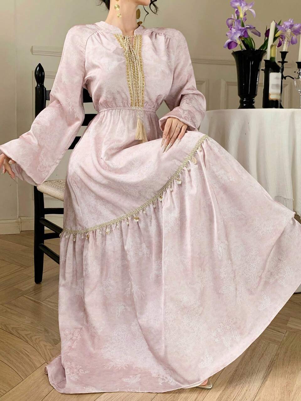 Floral Print Patchwork Ruffle Tie Waist Long Sleeve Elegant Resort Dress For Women, Spring/Autumn Maxi Dress Sundress