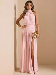 SHEIN BAE 纯色褶皱露背高开衩优雅长裙，适合鸡尾酒会、浪漫约会、聚会、正式活动、伴娘礼服、晚礼服、圣诞节、新年、情人节、夏季连衣裙、下午茶派对等场合。 - 粉色 - 查看 3