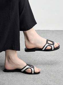 CUCCOO BIZCHIC Women's Square Toe Flats, Elegant Casual Simple Comfortable Slip-On PU Leather Sandals For Work Commute, Apricot - Black and White - View 1