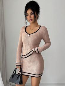 Selianne 2pcs Women's Casual Elegant Commuter Sweetheart Collar Contrast Trim Knit Top And Skirt Set, Spring/Summer - Apricot - View 5