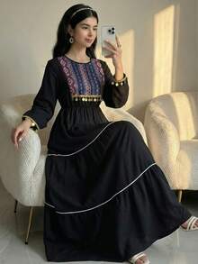 SHEIN Teen Girl Print Robe With Gold Tassel Sash, Vacation/Holiday Wear, Spring/Summer - Black - View 1