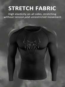 Manfinity EMRG 男士休闲蜘蛛印花圆领长袖运动T恤，秋季款 - 黑色 - 查看 4