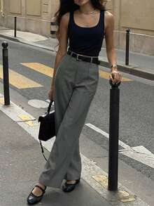 Almamuse 女士休闲日常通勤简约纯色前缝宽松直筒裤，不含腰带 - 灰色 - 查看 3