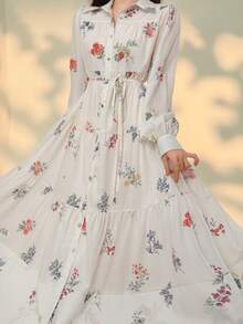 DAZY Đầm midi nữ thanh lịch tay phồng họa tiết hoa, có thắt lưng, thích hợp cho dự tiệc cưới mùa xuân/hè. - Màu be - Xem 5