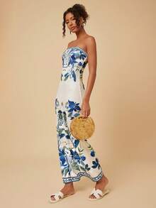 Travachic Women's Floral Print Bandeau Vacation Dress - Blue and White - View 4