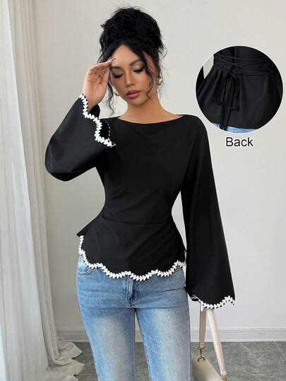 Elenzga 1pc Women's Spring/Summer Wavy Heart Ribbon Trim Gathered Waist Ruffle Blouse Women Elegant Tops Lace Trim Top Black Peplum Top Classy Top Bell Sleeve Top