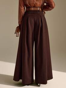 CLARA VERO Women's High Waist Contrast Color Belt Double Pleated Slant Pocket Wide Leg Pants - Brown - View 7